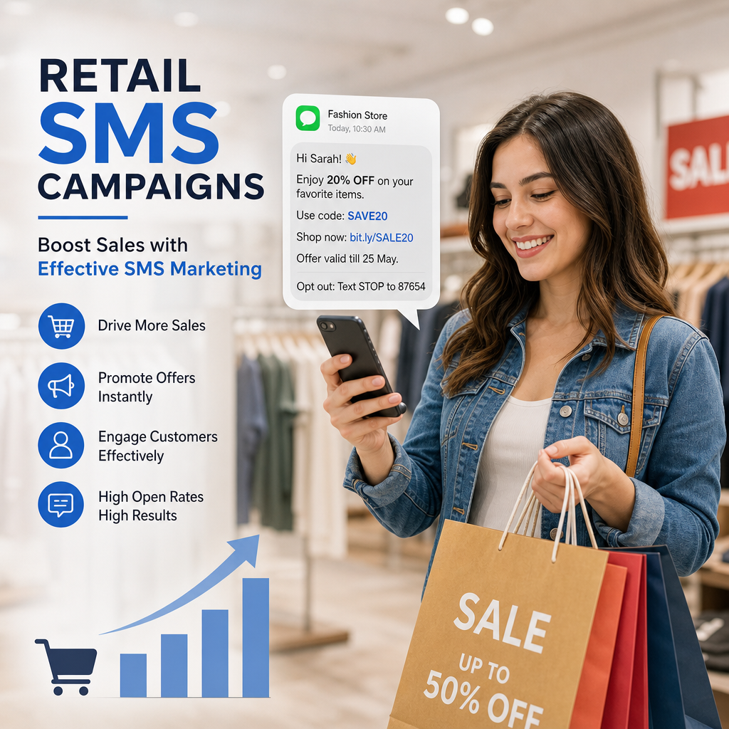 Smiling woman shopping with sale bags using retail SMS marketing on her smartphone to boost sales