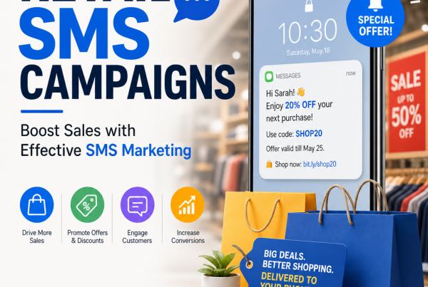 Retail SMS campaign graphic with phone, shopping bag, and sale message promoting customer engagement and sales