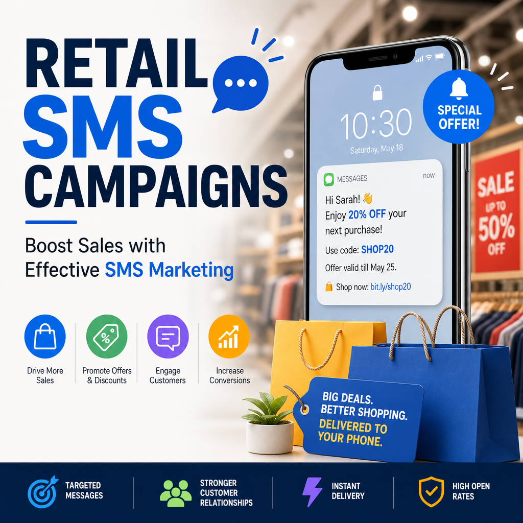 Retail SMS campaign graphic with phone, shopping bag, and sale message promoting customer engagement and sales