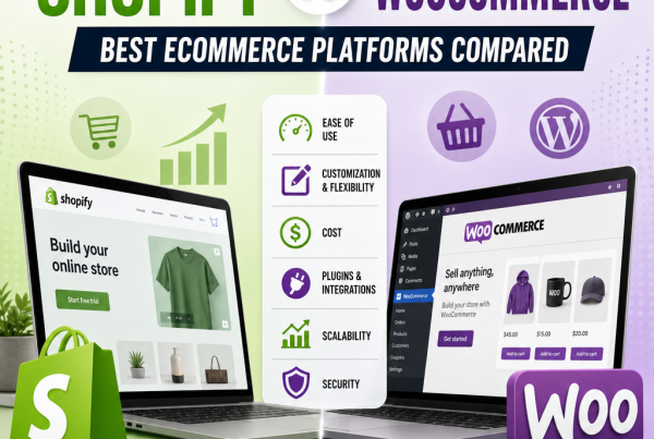 Shopify vs WooCommerce comparison chart of features, ease of use, cost, plugins, scalability, and security