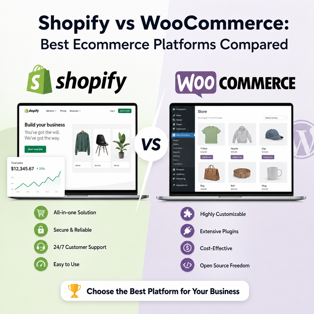 Comparison of Shopify and WooCommerce ecommerce platforms with features and benefits highlighted.
