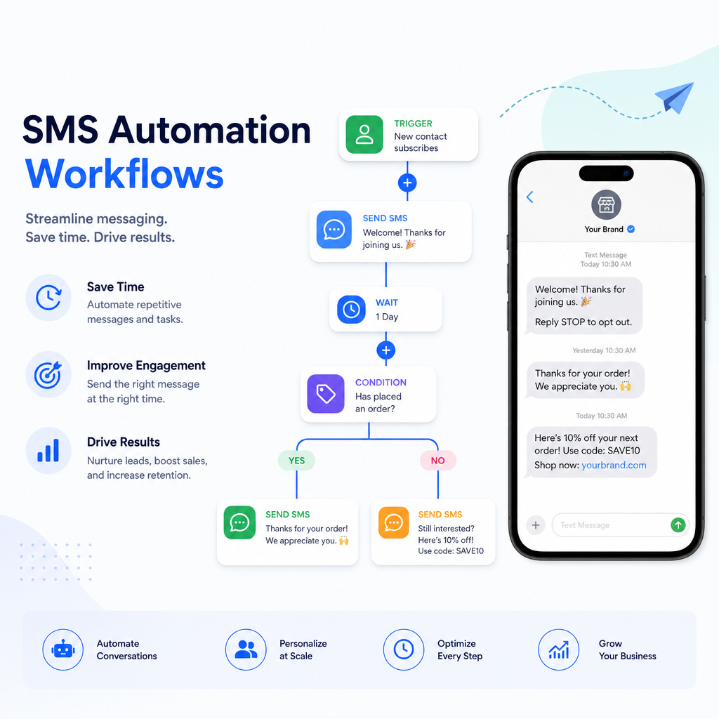 Infographic showing SMS automation workflows that streamline messaging, save time, and boost engagement