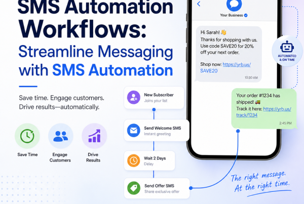 Promotional poster for SMS automation showing a smartphone with a message flow and icons for saving time, engaging customers, and driving results.