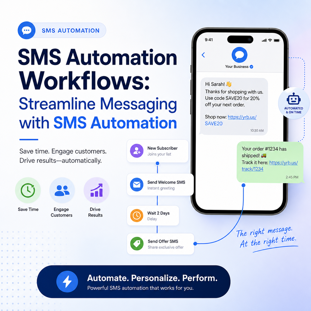 Promotional poster for SMS automation showing a smartphone with a message flow and icons for saving time, engaging customers, and driving results.