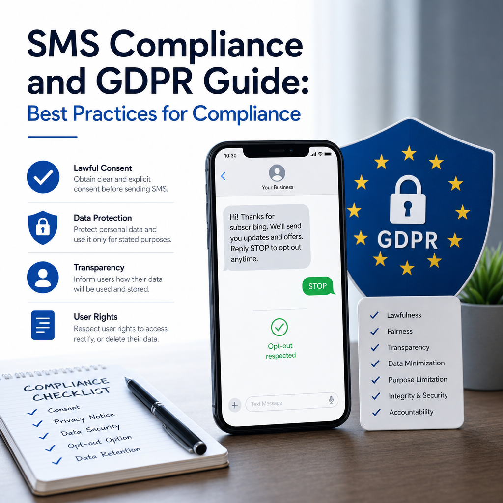 SMS compliance and GDPR guide with data protection, user rights, and best practices shown on a clipboard
