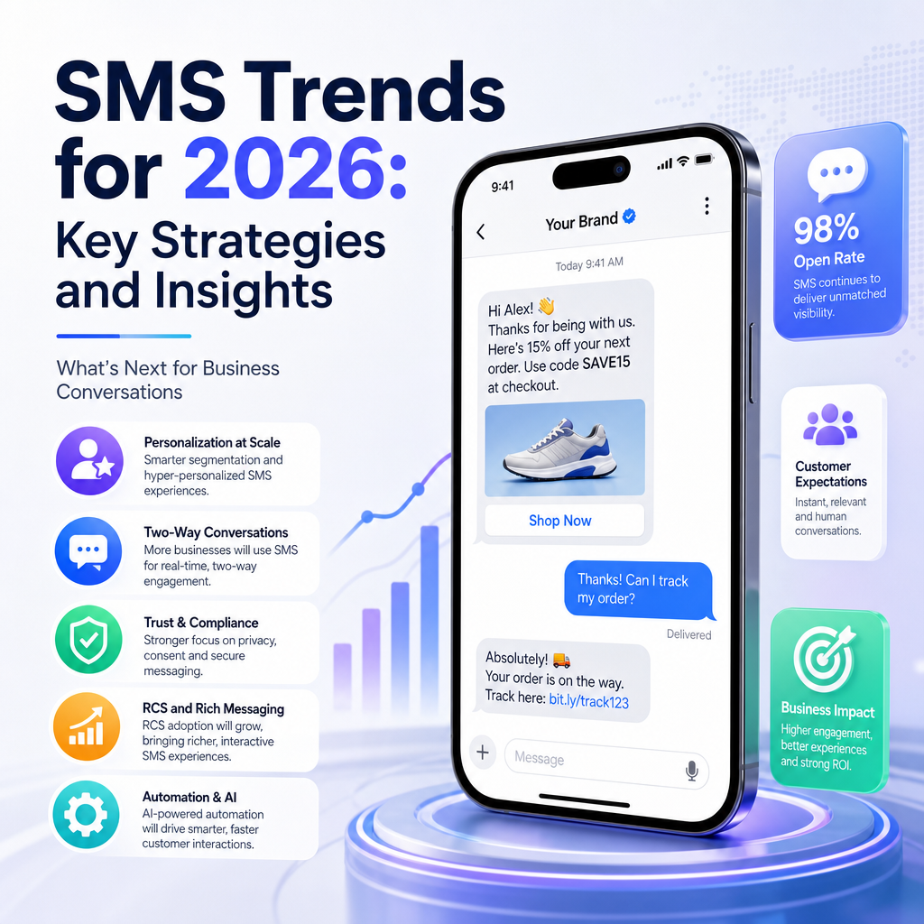 Infographic of SMS trends for 2026, showing key strategies, insights, and business communication tips.