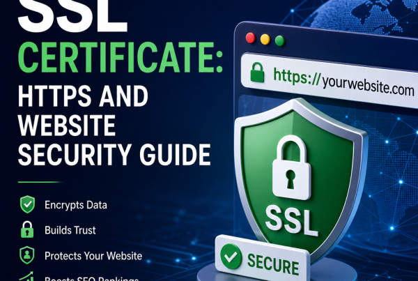 Illustration of SSL certificate, HTTPS padlock, and secure website connection for web security guide