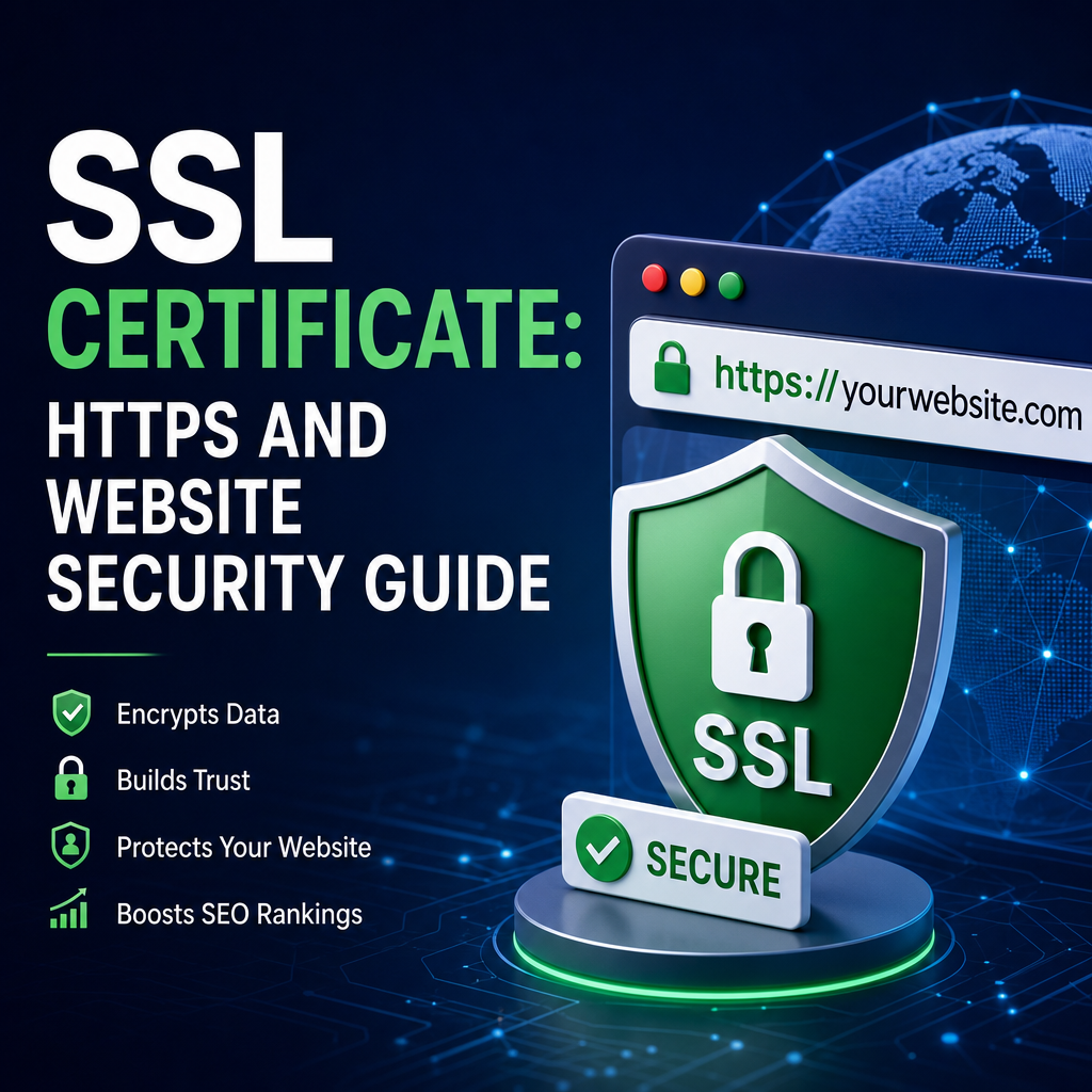 Illustration of SSL certificate, HTTPS padlock, and secure website connection for web security guide