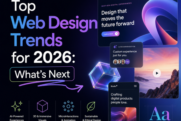 Illustration of 2026 web design trends with AI, 3D visuals, microinteractions, and clean typography