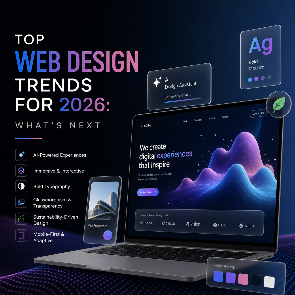 Illustration of 2026 web design trends with AI interfaces, bold typography, interactivity, and sustainable design
