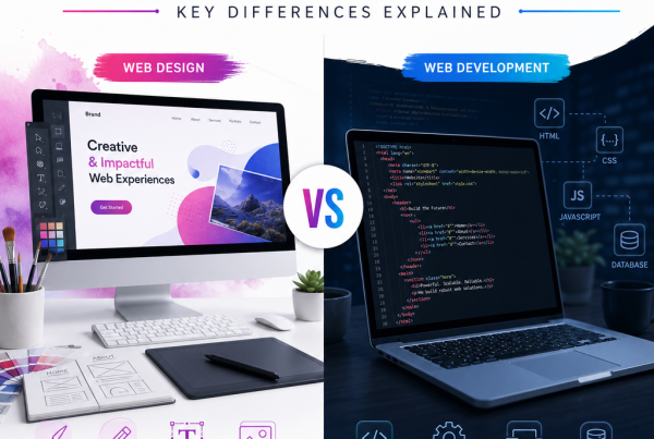 Infographic comparing web design and web development key differences side by side.
