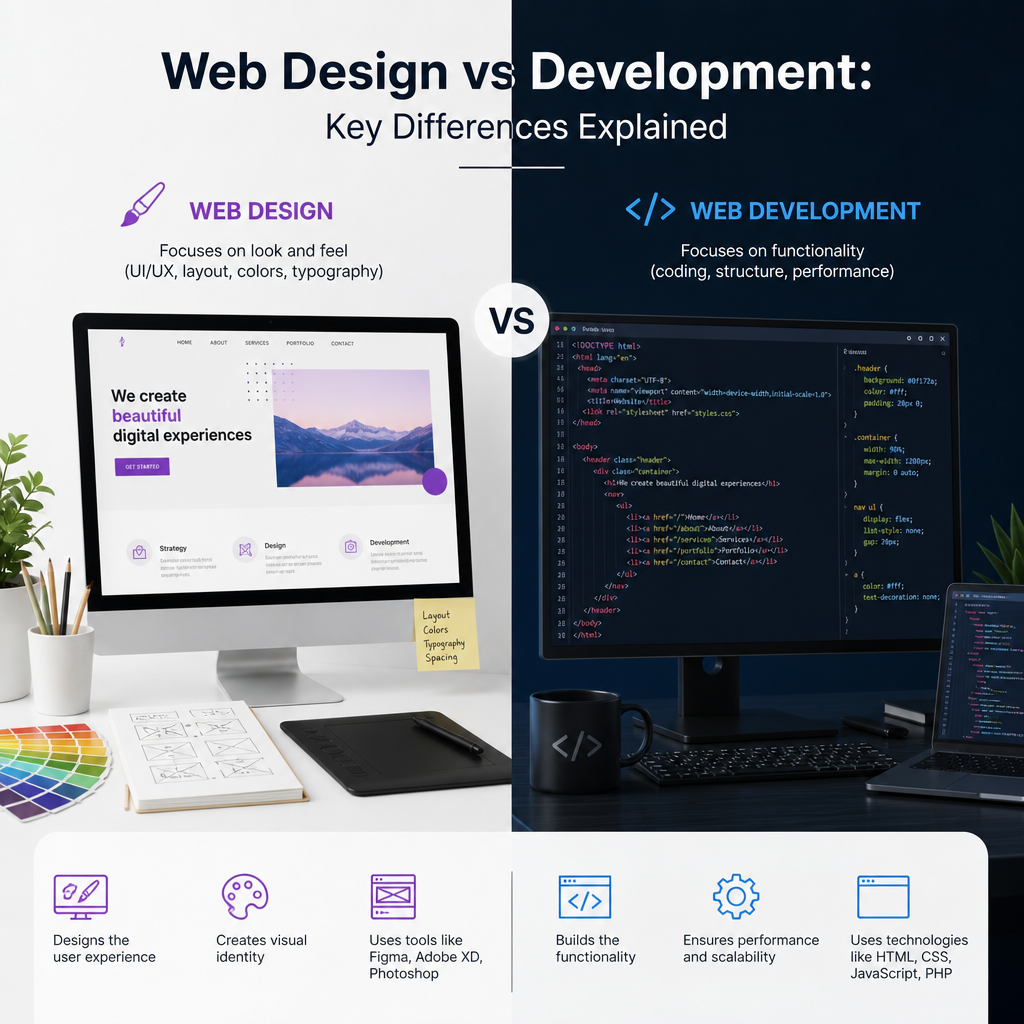 Comparison of web design and web development showing different focus areas, tools, and roles.
