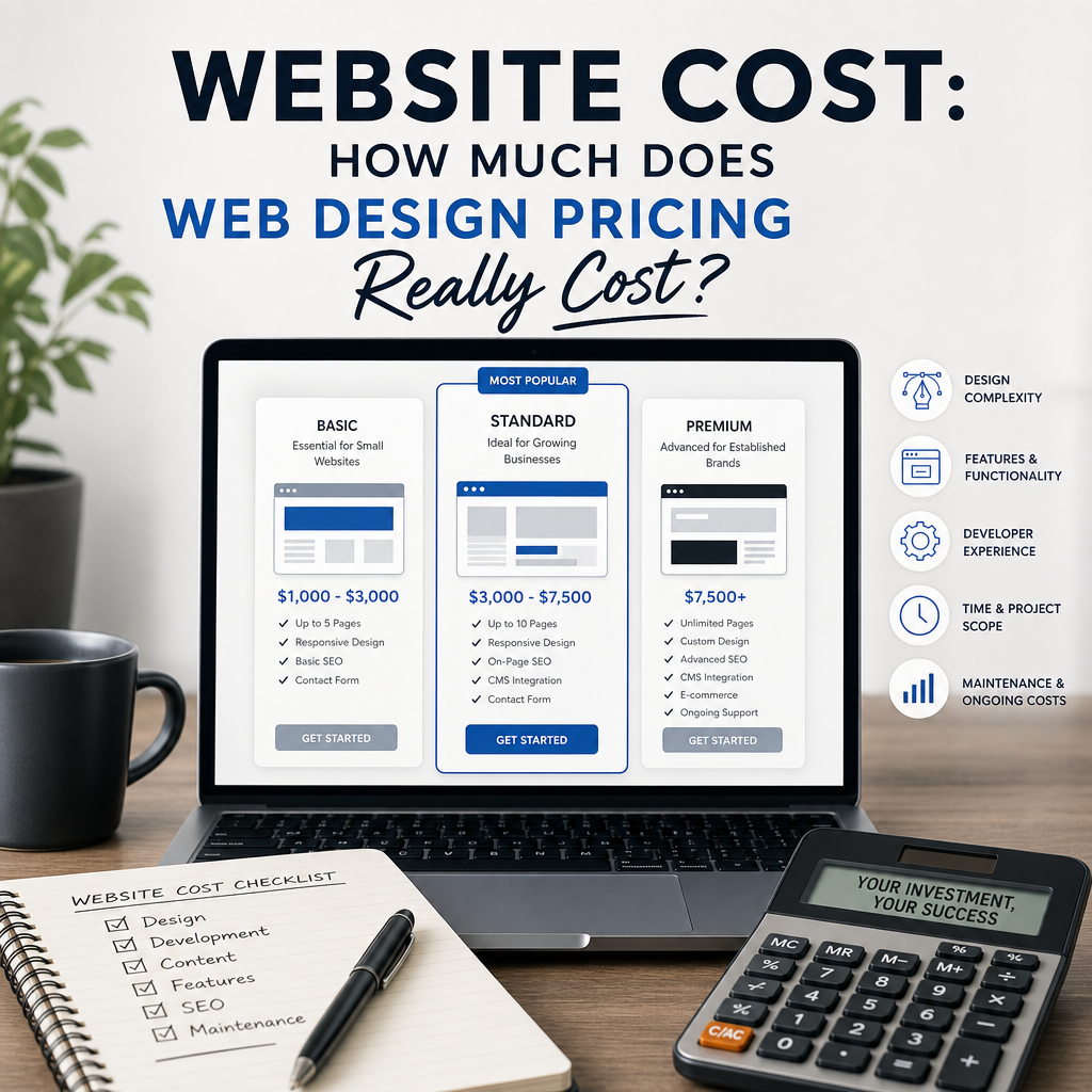 Website design pricing guide showing basic, standard, and premium package cost ranges