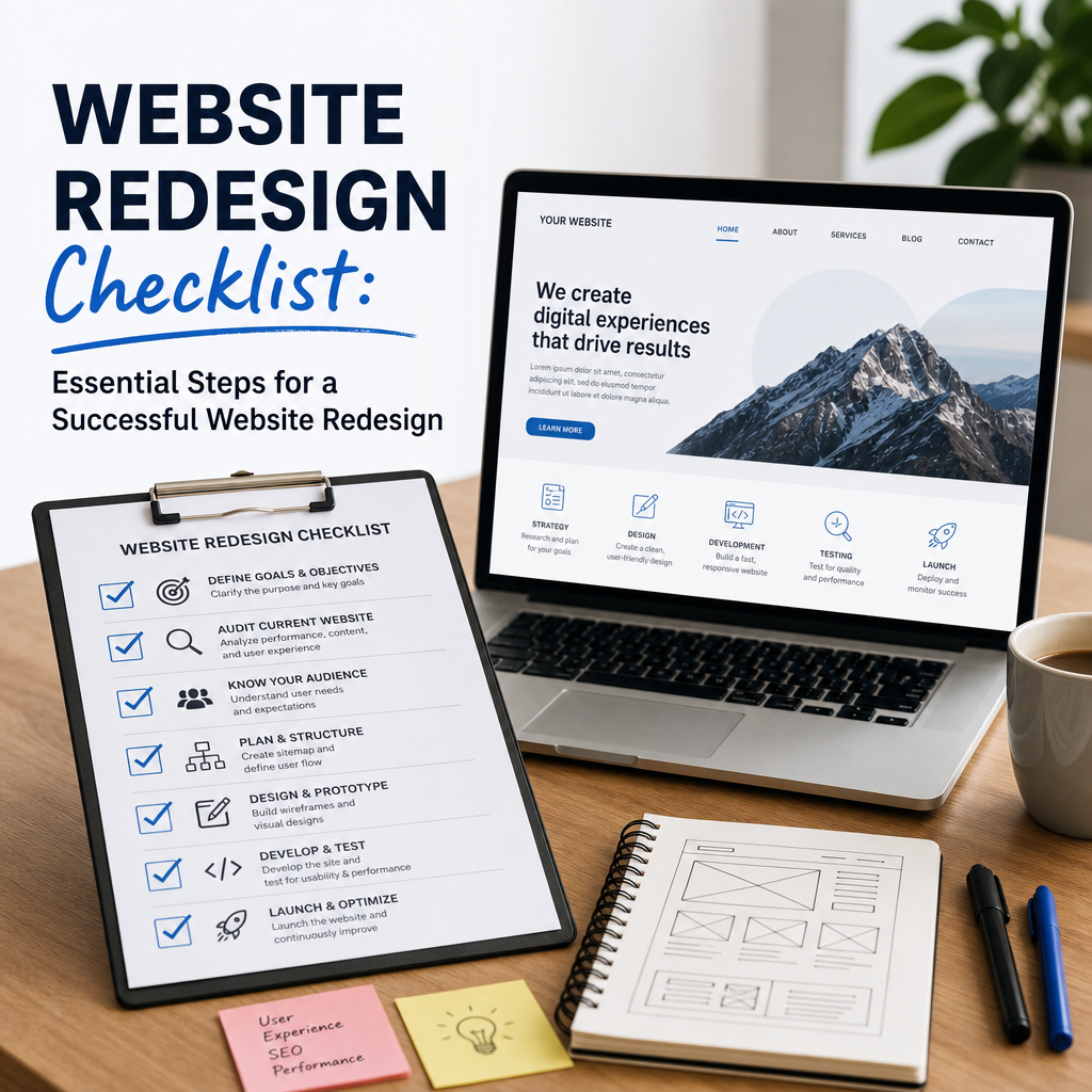 Website Redesign Checklist - eBeirut Website redesign checklist displayed on digital devices for a successful website update