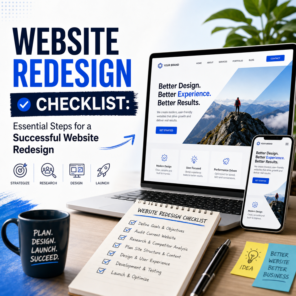 Website redesign checklist displayed on a laptop and desk workspace