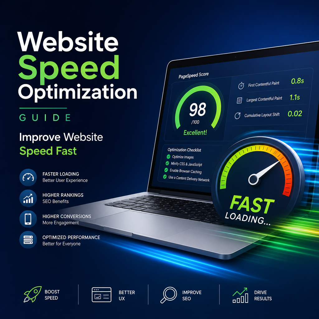 Website speed optimization guide showing faster loading, better SEO, and improved user experience