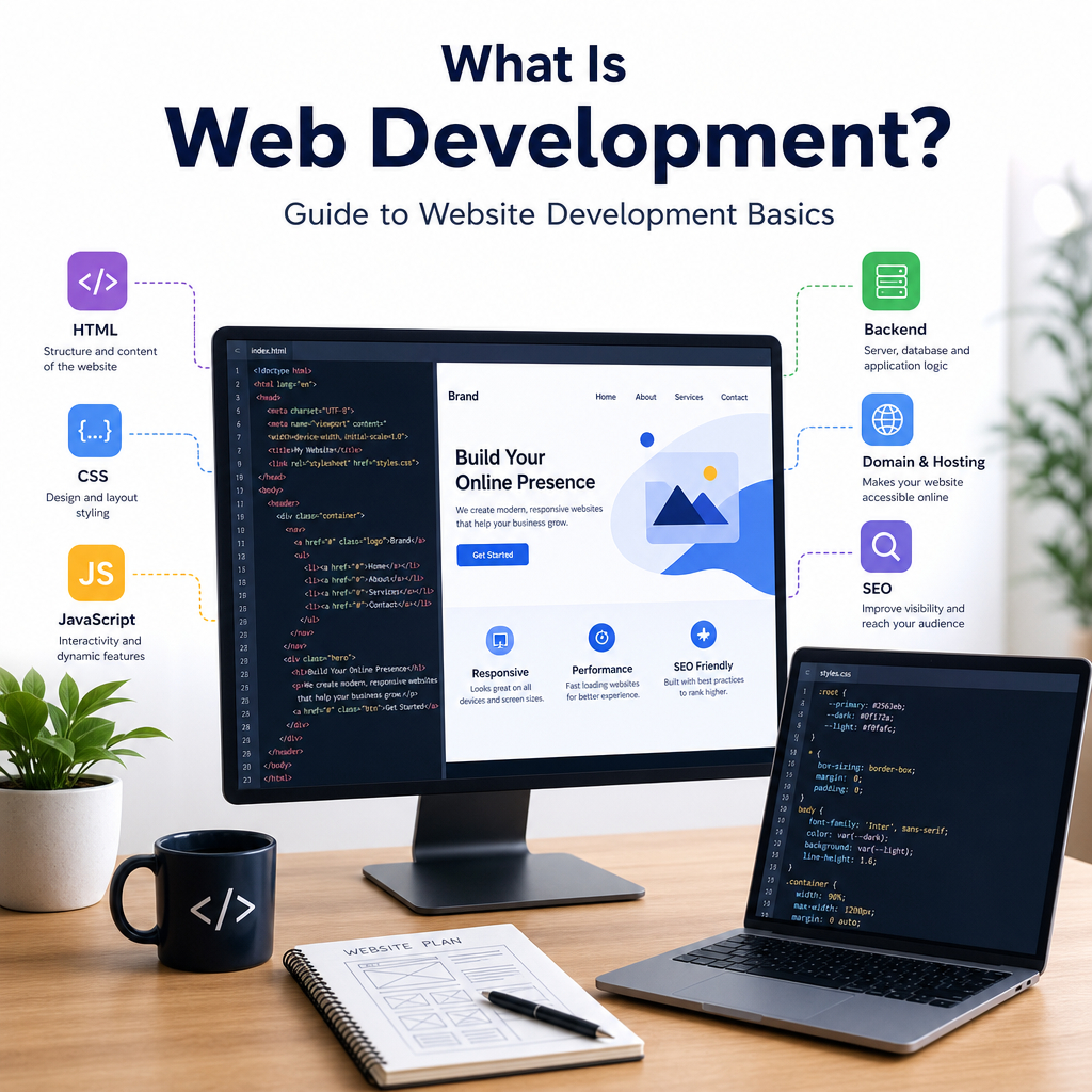 Web Development Basics Illustration - eBeirut Illustration of web development basics with code screens and labels for HTML, CSS, JavaScript, backend, hosting, and SEO