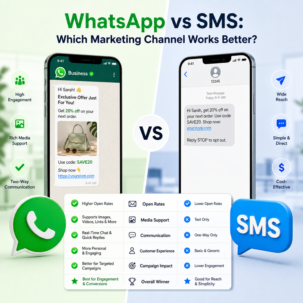 WhatsApp vs SMS marketing comparison infographic showing reach, engagement, and effectiveness rates