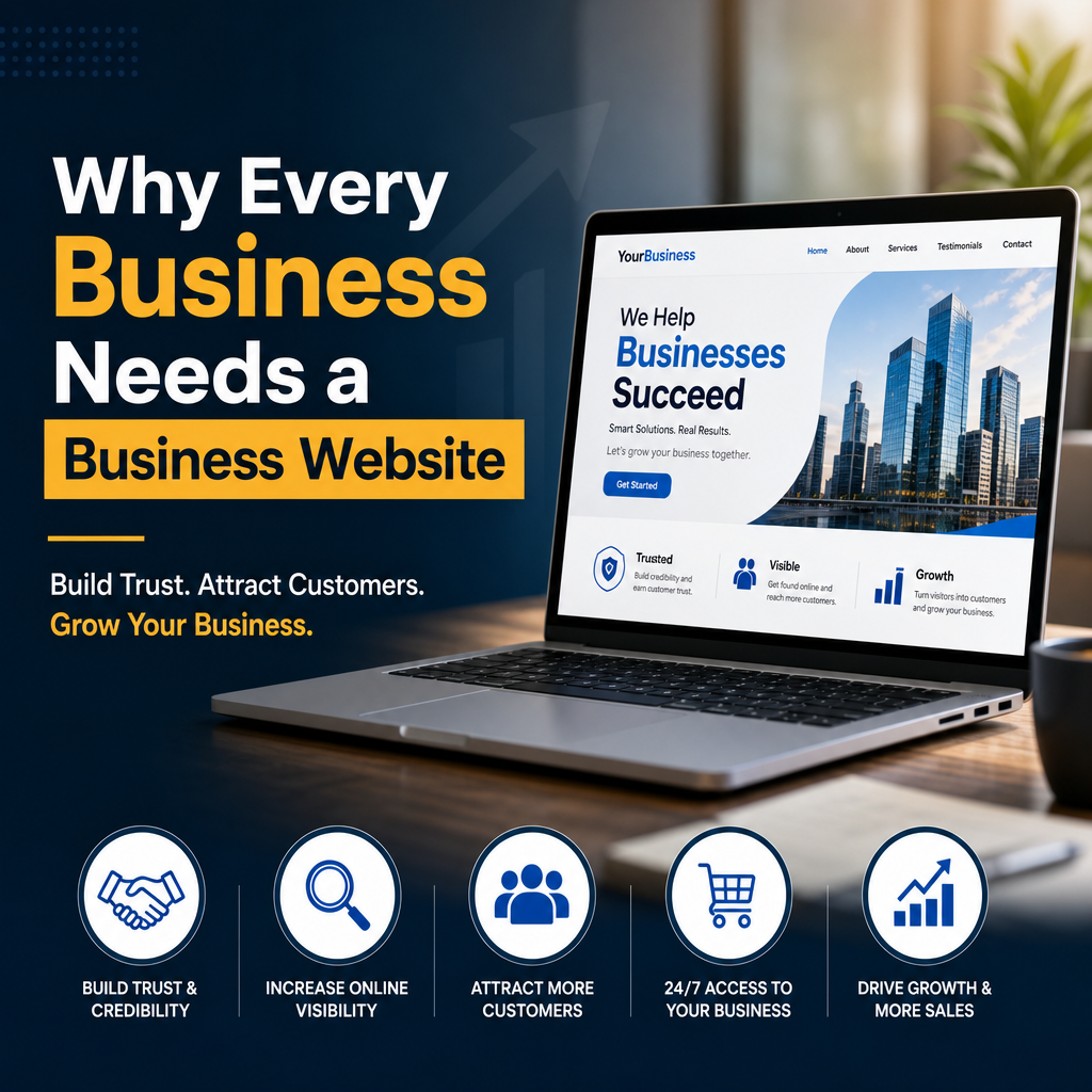 Laptop displaying a business website with text about building trust, attracting customers, and growing business