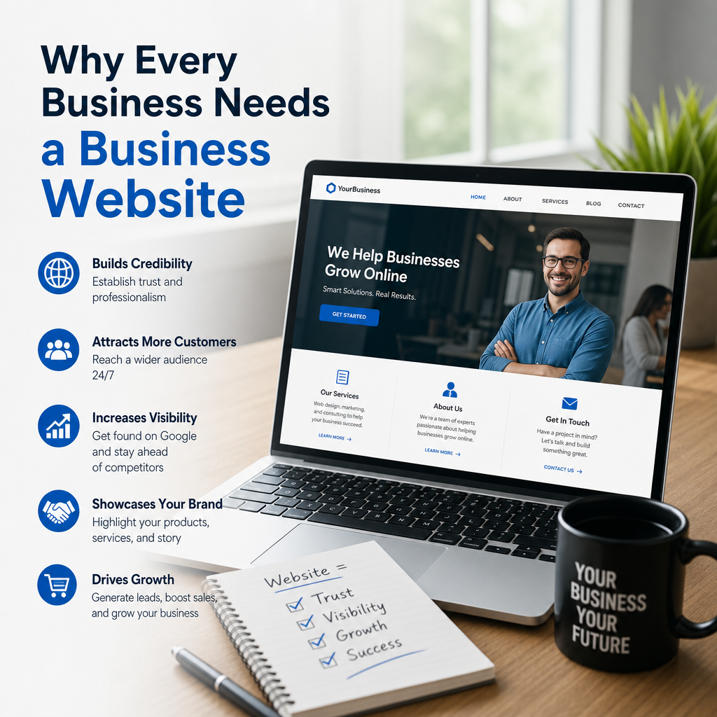 Infographic showing how a business website boosts credibility, visibility, branding, customer trust, and growth