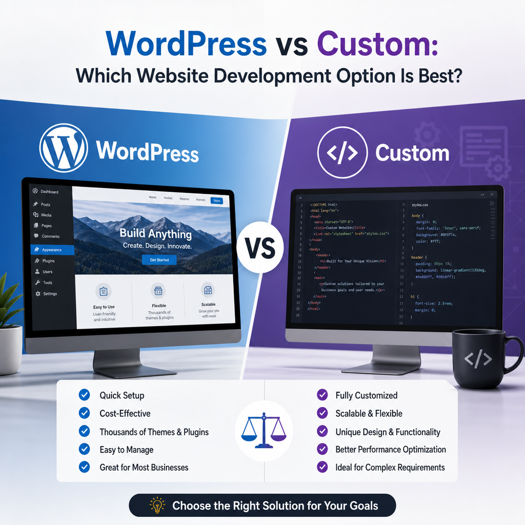 Comparison chart of WordPress vs custom website development features and benefits