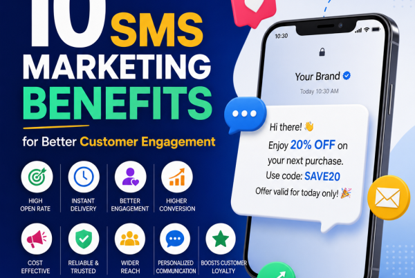 Infographic showing 10 SMS marketing benefits for better customer engagement and higher conversion rates.