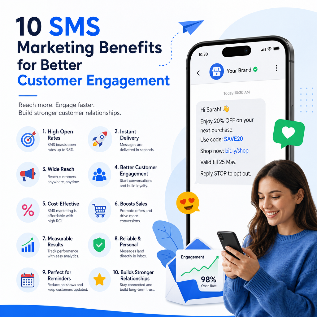 Infographic of 10 SMS marketing benefits to boost customer engagement and strengthen relationships