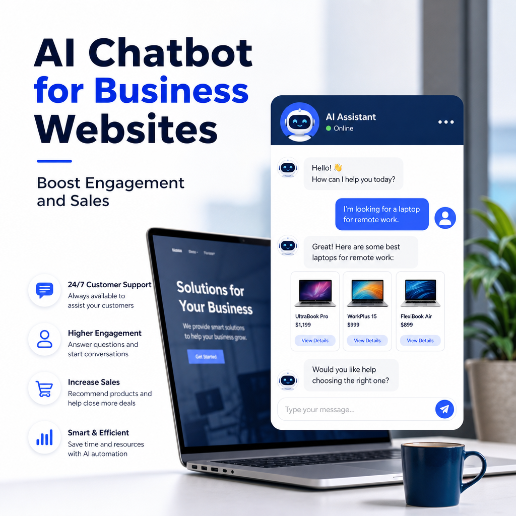 AI chatbot on a business website greeting visitors and helping drive sales