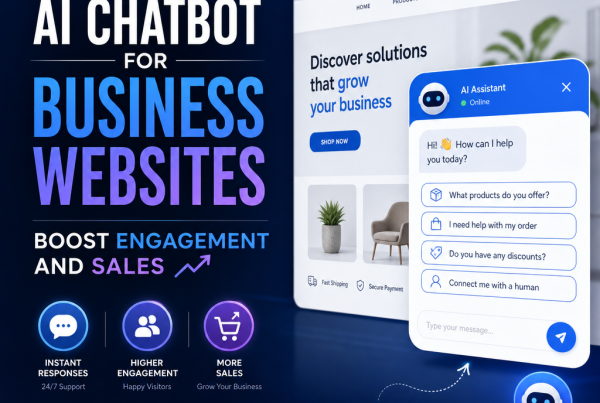 AI chatbot on a business website greeting visitors and answering questions instantly