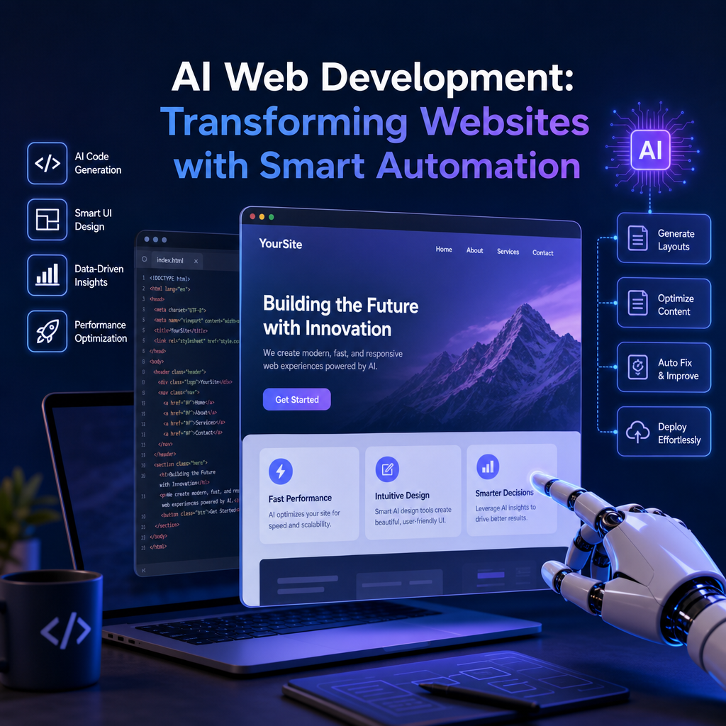 AI web development dashboard showing smart automation tools improving website design and performance