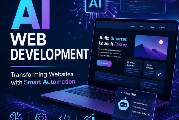 AI web development diagram showing automation, coding, and smarter website launch workflow