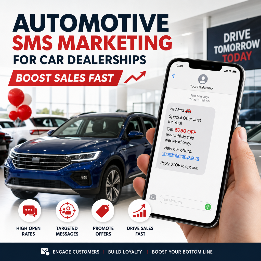Car dealership SMS marketing on a phone screen with targeted promotions and sales messages
