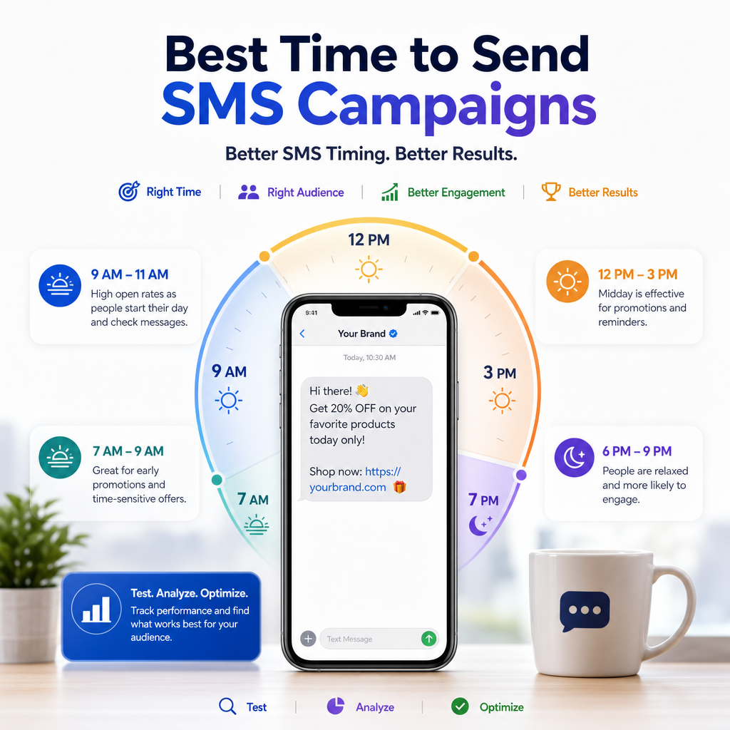 Best Time for SMS Campaigns - eBeirut Infographic showing the best times to send SMS campaigns for higher engagement and better SMS timing