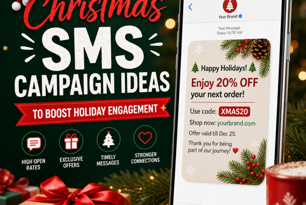 Festive SMS campaign graphic with holiday offers, high open rates, and customer engagement stats