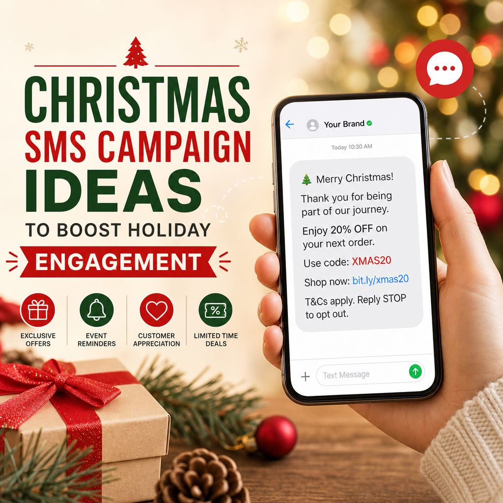 Christmas SMS Holiday Engagement Ideas - eBeirut Festive phone screen showing Christmas SMS campaign ideas, exclusive offers, and event reminders