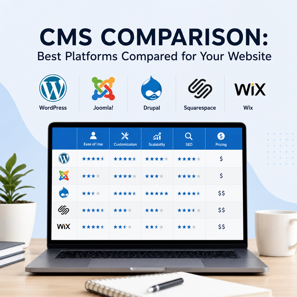 CMS Platform Comparison Chart - eBeirut CMS comparison chart of WordPress, Joomla!, Drupal, Squarespace, and Wix by ease, customization, scalability, SEO, and pricin