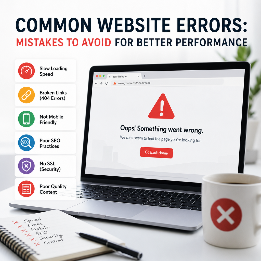 Common Website Errors to Avoid - eBeirut Icons showing slow loading, broken links, poor SEO, and no SSL as common website errors