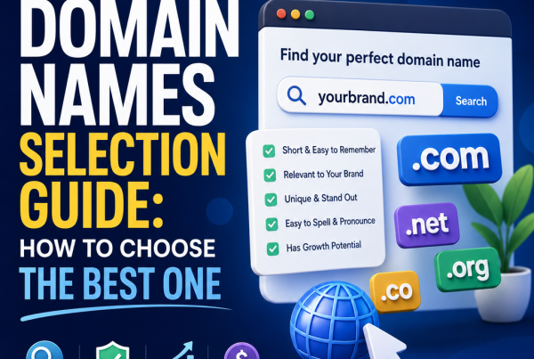 Illustration of choosing a strong domain name for a website, with tips for brand-friendly selection