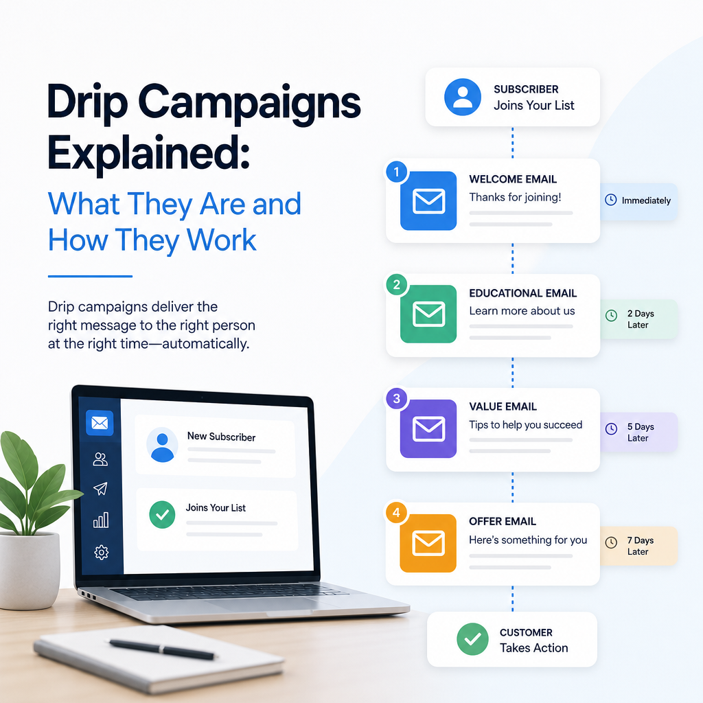 Infographic showing drip campaigns as an automated sequence of emails sent over time to nurture leads