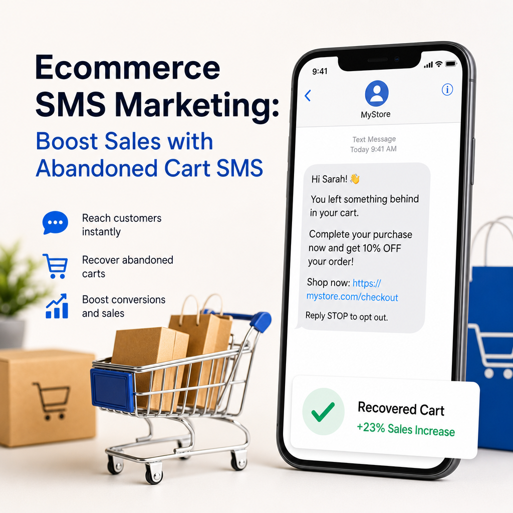 Ecommerce SMS Abandoned Cart Sales - eBeirut Ecommerce SMS marketing graphic showing abandoned cart recovery messages boosting sales