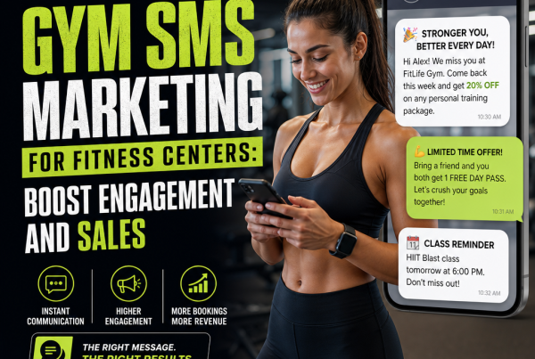 Fitness center marketing graphic showing gym SMS messages, member engagement, and sales growth concepts