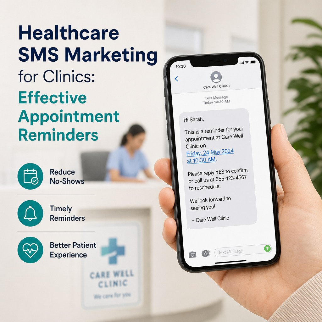 Clinic staff sending healthcare SMS appointment reminders to patients on a phone screen