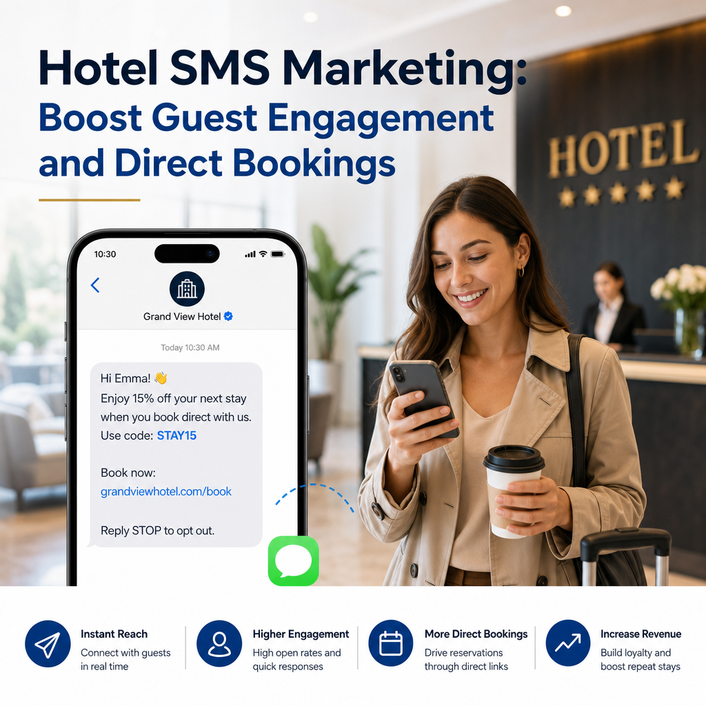 Hotel guest receiving a promotional SMS on a smartphone, illustrating hotel SMS marketing for direct bookings