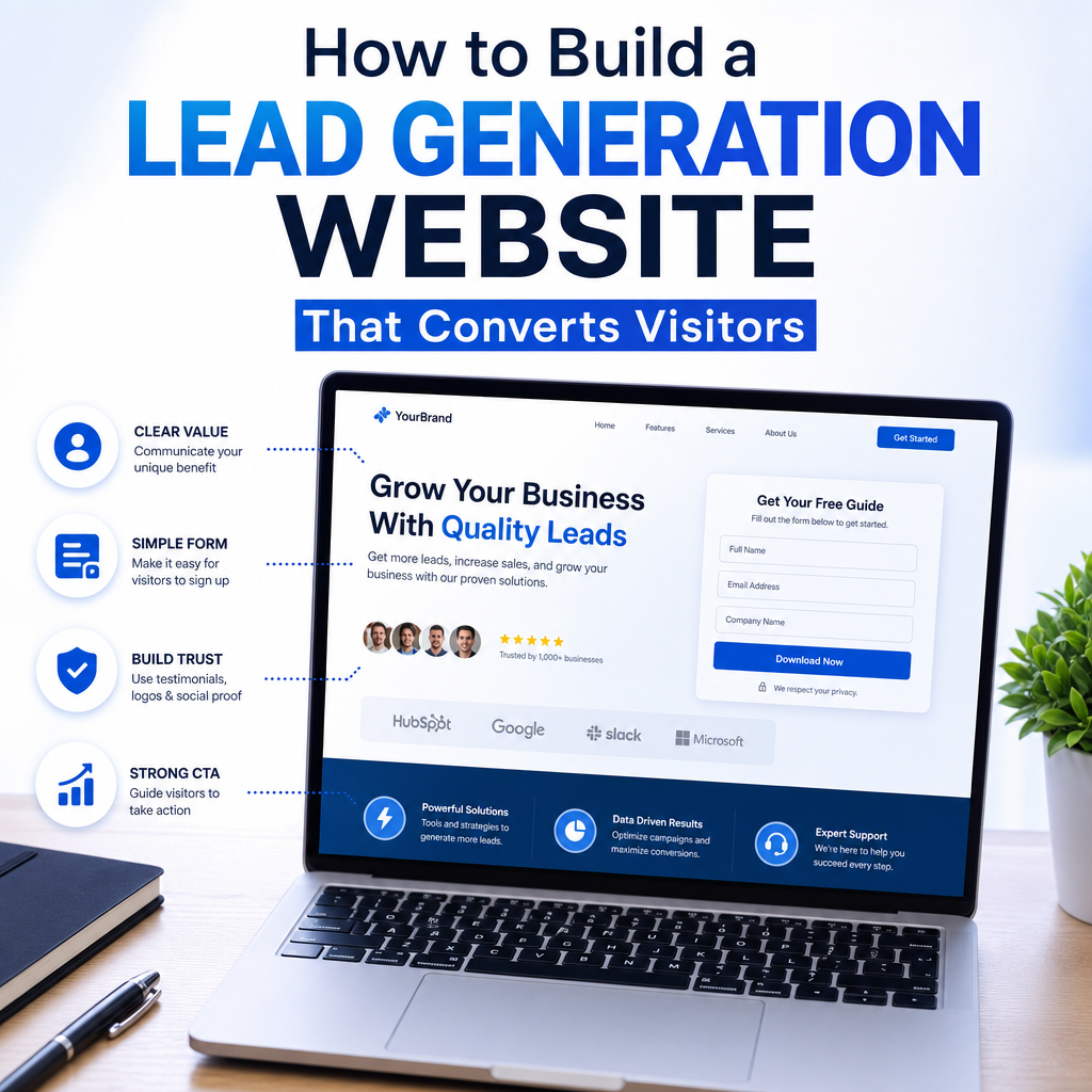 Illustration of a lead generation website with clear value, simple form, trust badges, and strong call-to-action buttons
