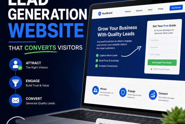 Illustration of a lead generation website funnel guiding visitors to contact forms and calls to action