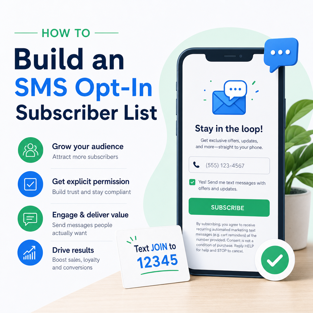 SMS Opt-In Subscriber List - eBeirut Illustration of SMS opt-in steps to grow a subscriber list, get permission, and boost engagement