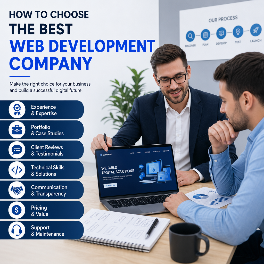 Choosing the Best Web Development Company - eBeirut Checklist for choosing the best web development company, with laptop, code, and business icons