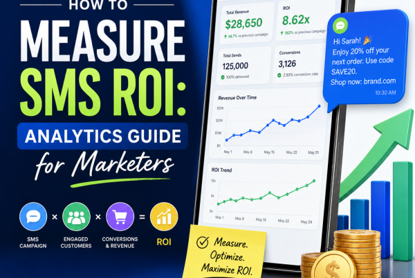 Analytics dashboard showing SMS ROI, campaign metrics, and revenue performance for marketers