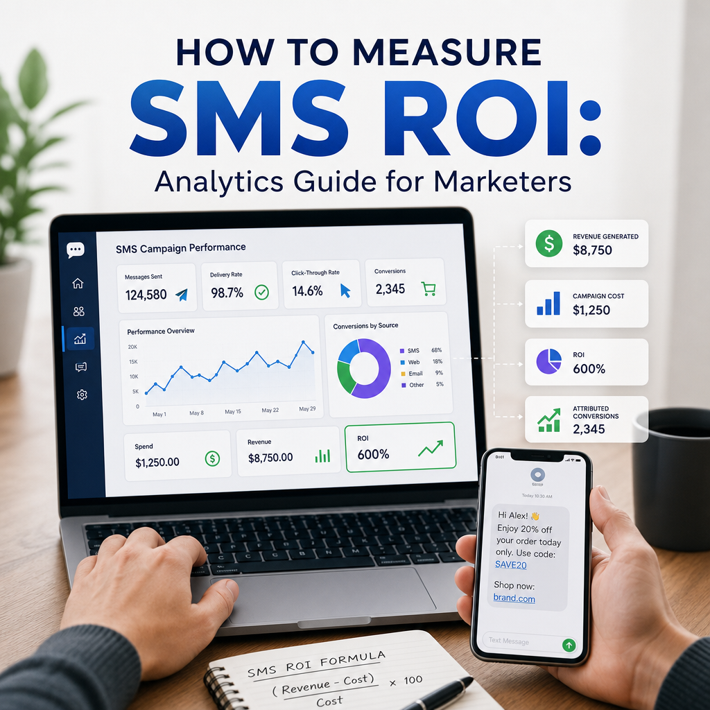 Laptop and smartphone showing an SMS ROI analytics guide for marketers