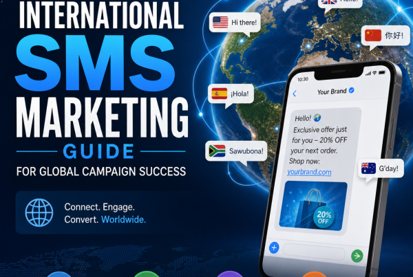 Dashboard illustration of global SMS marketing with message icons, analytics, and automation around a world map
